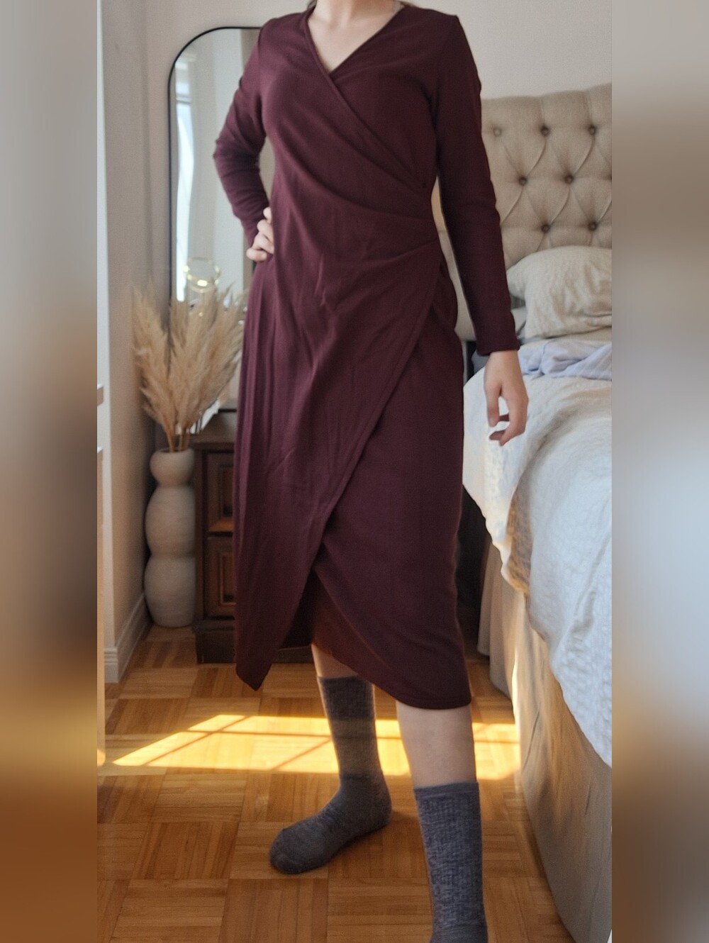 OGL Faux Wrap Long Sleeve Midi Dress in Deep Burgundy